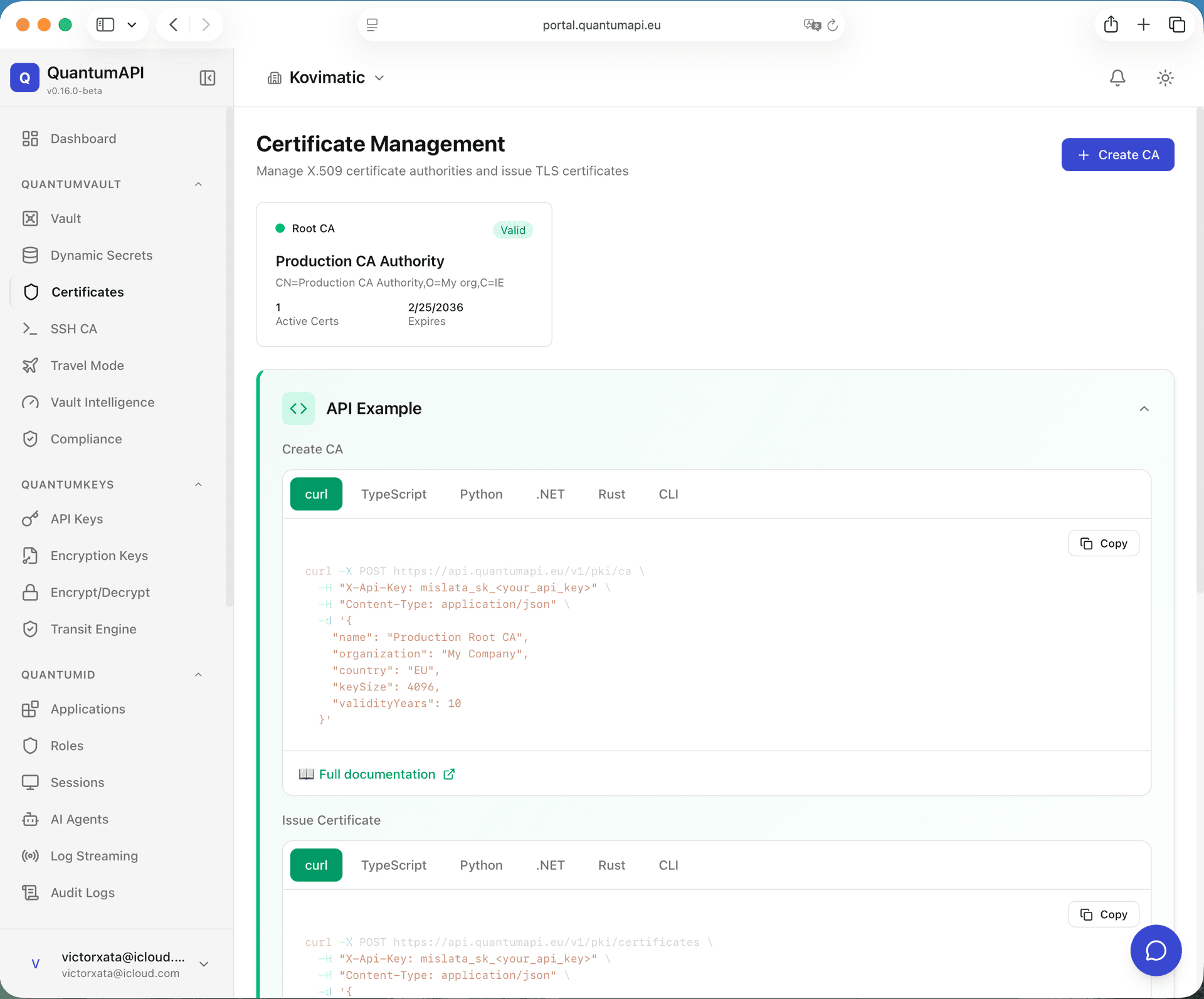 Certificate Management — X.509 CA, TLS certificates, and API examples