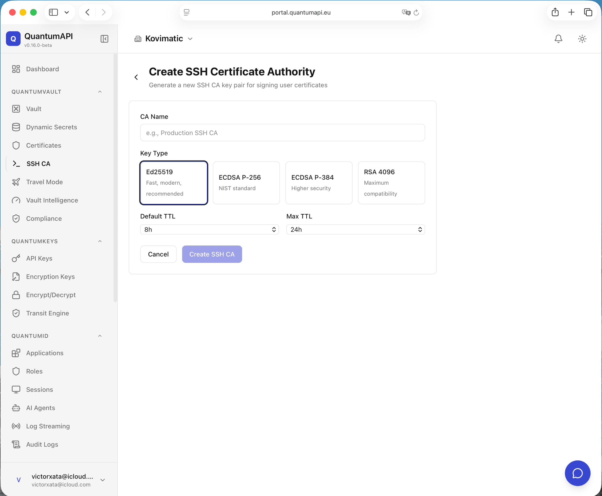 SSH Certificate Authority — create CA with Ed25519, ECDSA, or RSA key types