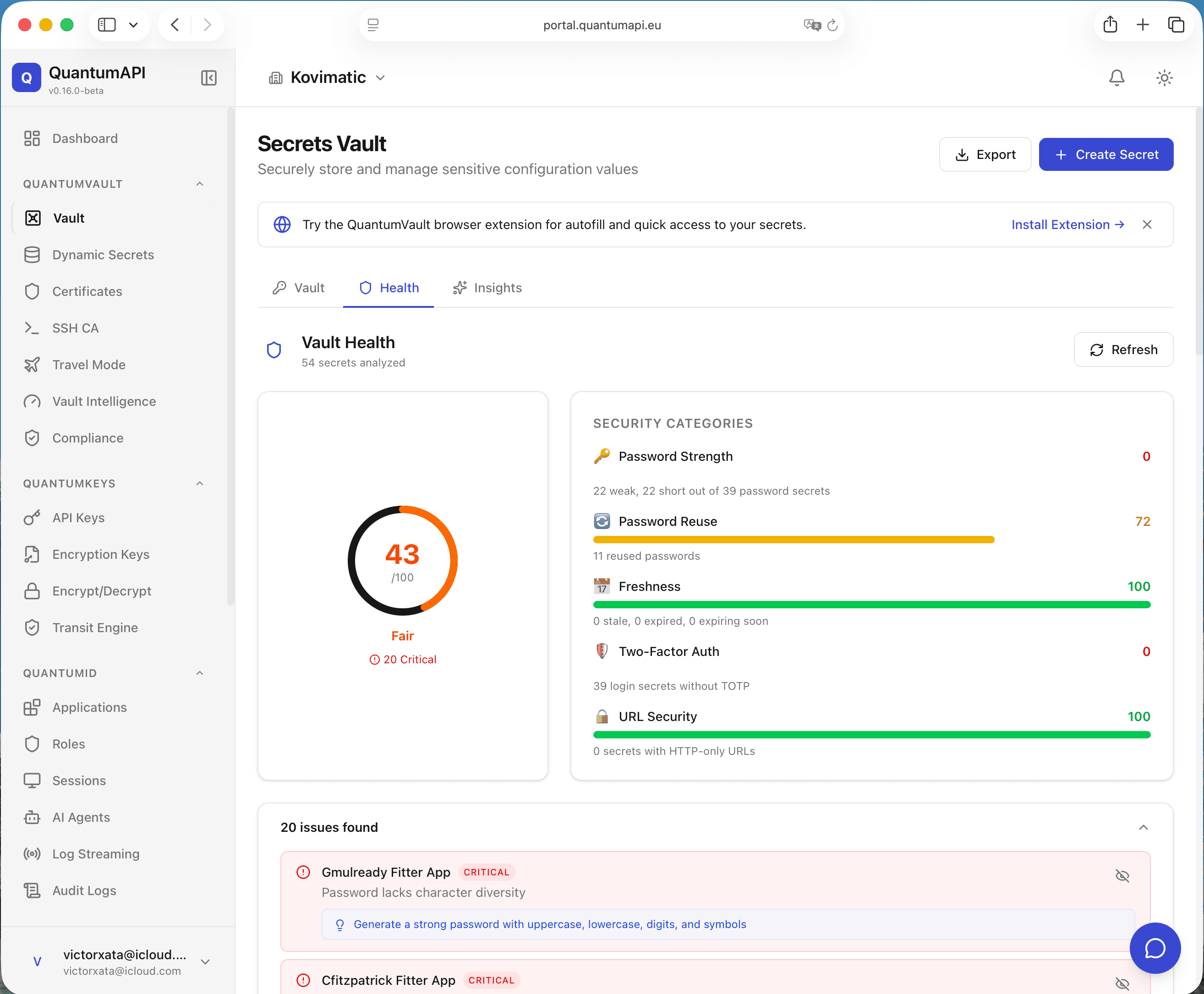 Vault Health — security score, password strength, breach monitoring, and issue detection