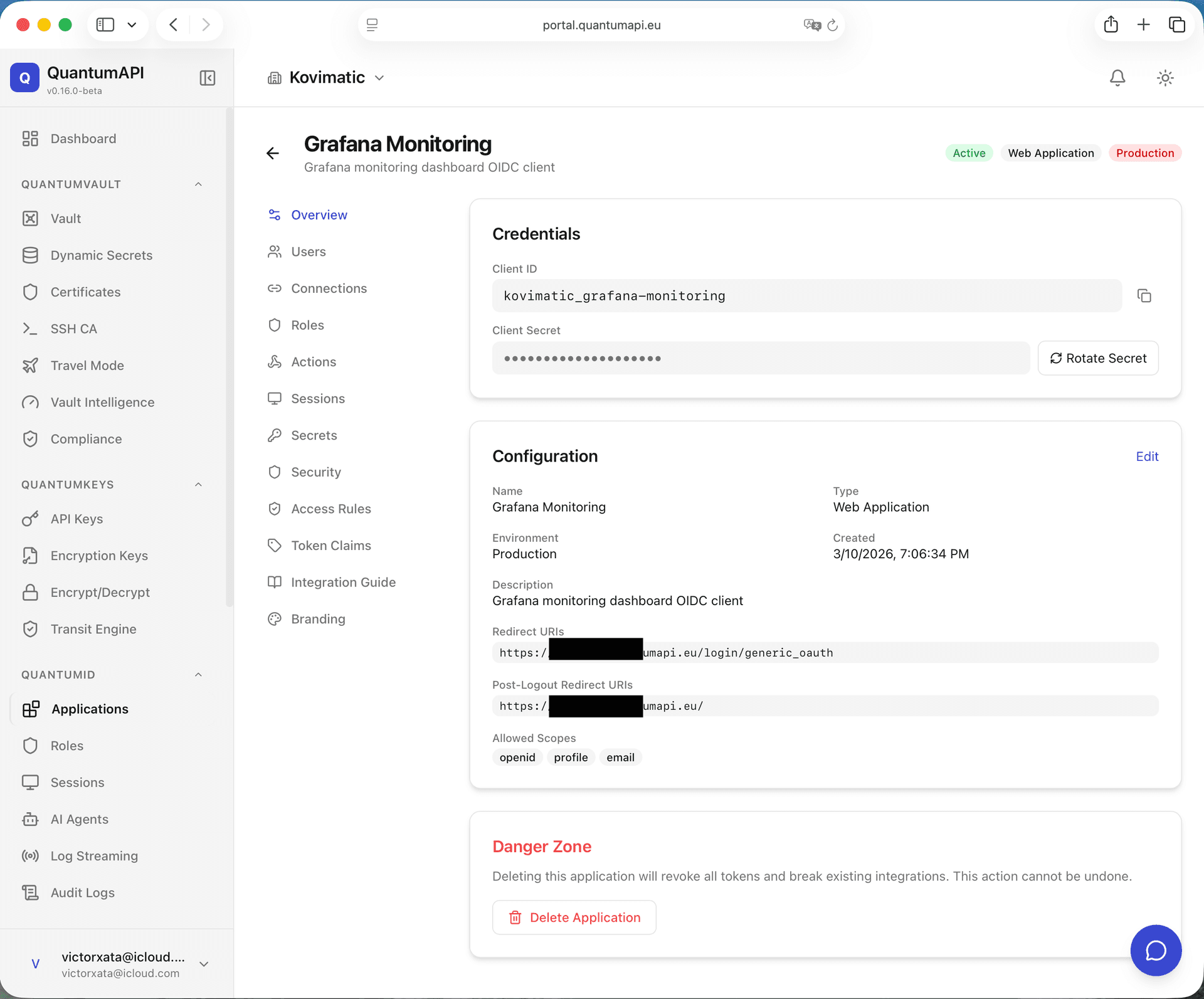 OIDC Application — client credentials, redirect URIs, scopes, and environment configuration