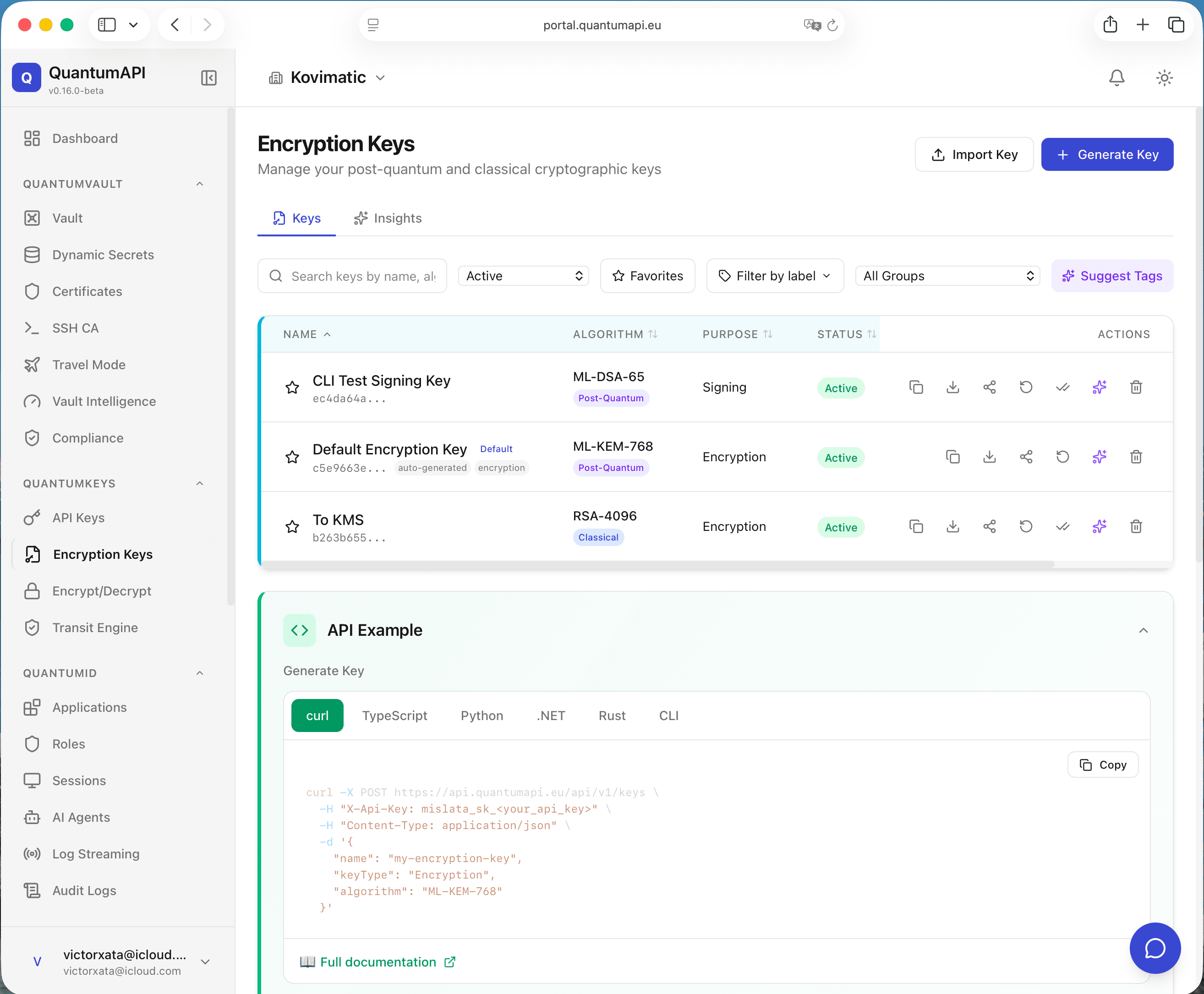 Encryption Keys — manage ML-KEM-768, ML-DSA-65, and RSA keys with API examples