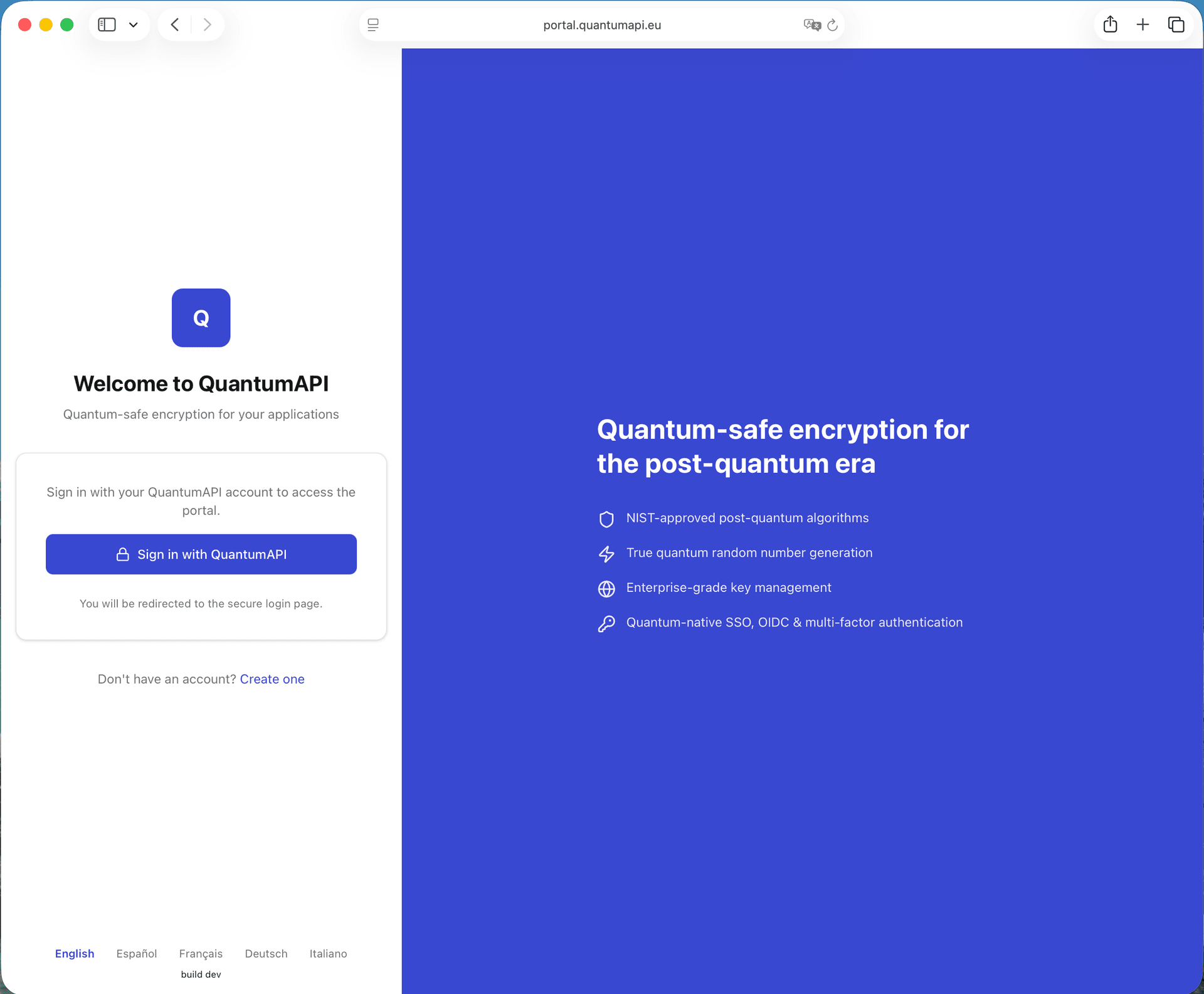QuantumAPI login page — sign in with quantum-safe authentication