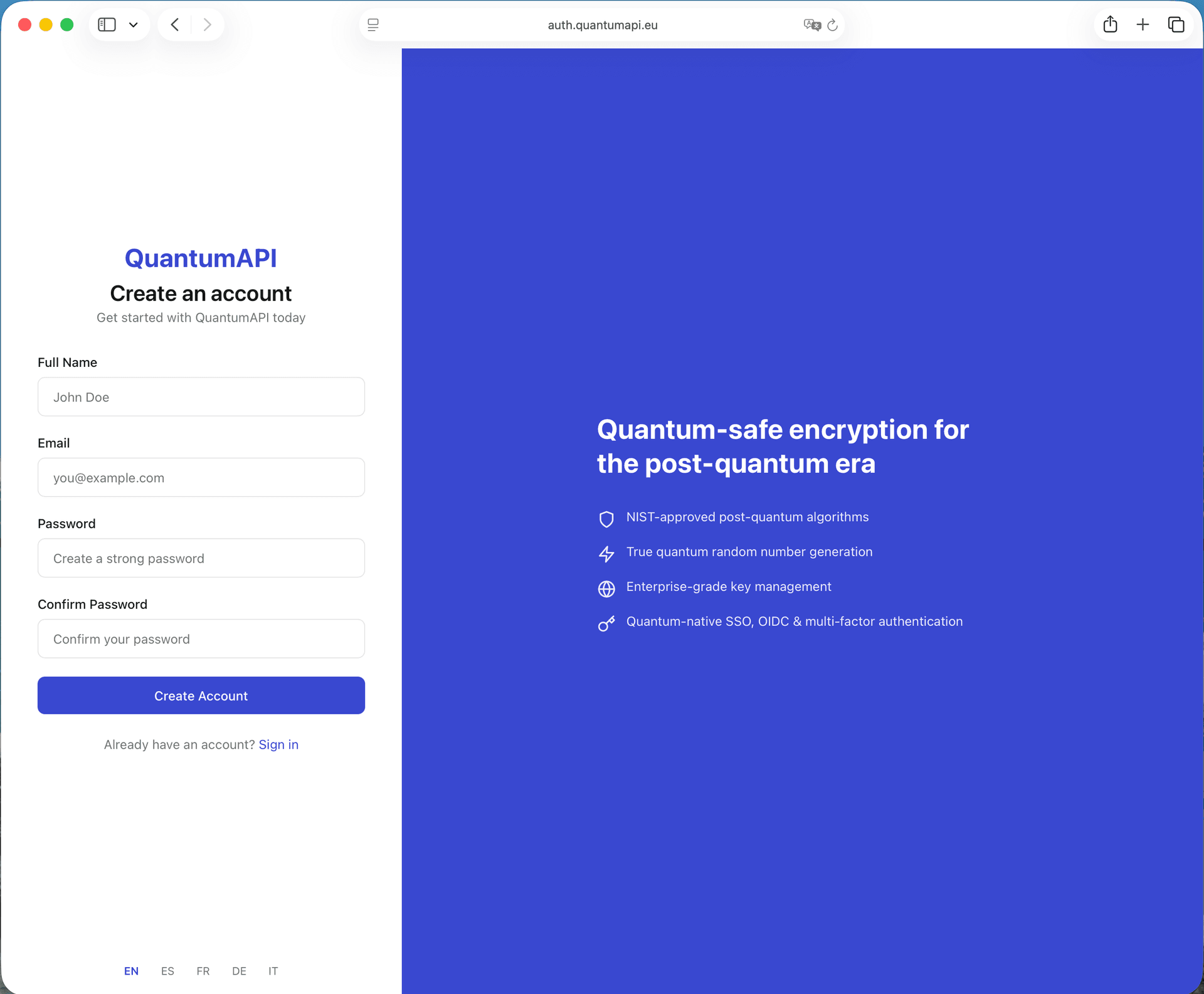 QuantumAPI registration page — create an account