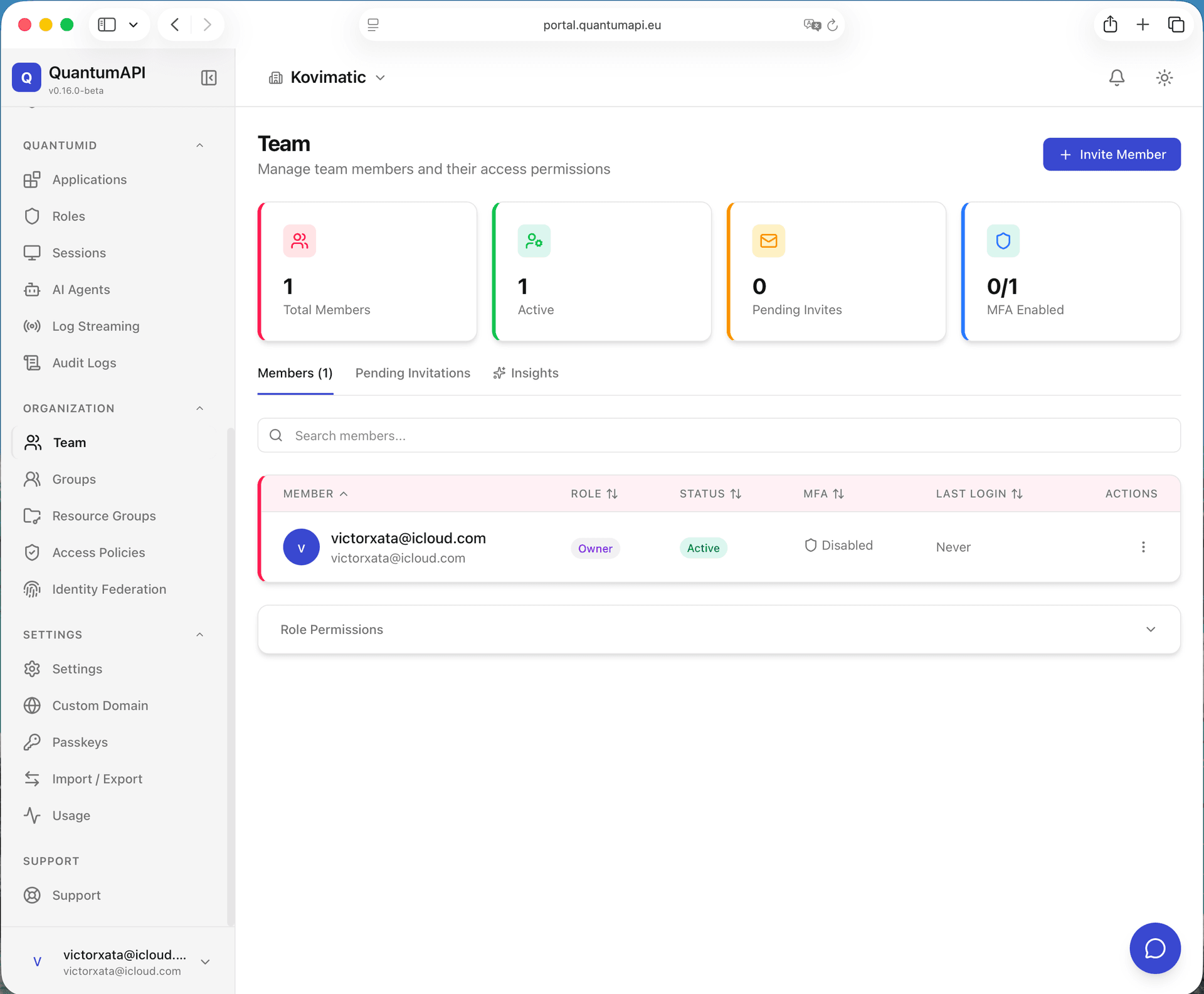 Team management — members, roles, MFA status, and permissions